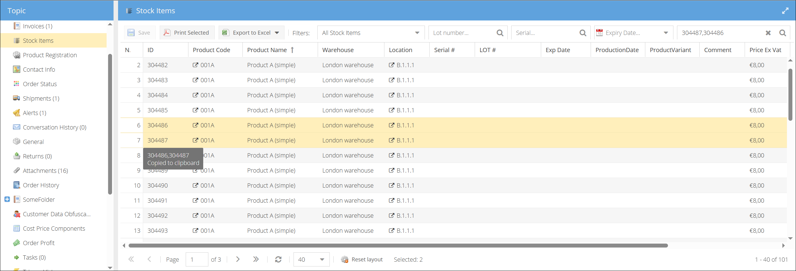 Copy stock items IDs